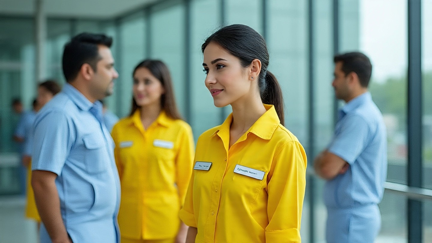 male female cleaning staff stand in
