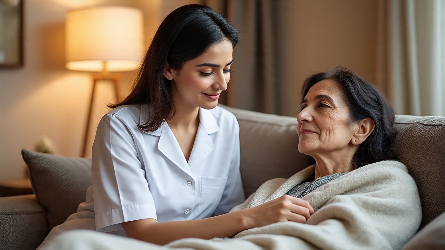 pakistani nurse providing palliative care to female 1
